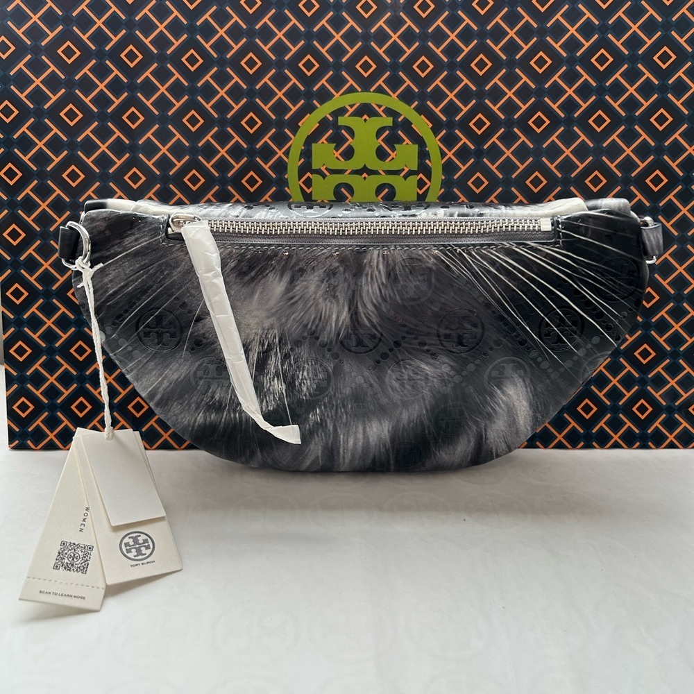 Tory Burch T Monogram Cat Printed Belt Bag Crossbody Bag Gray Cat Portrait - Picture 2 of 10